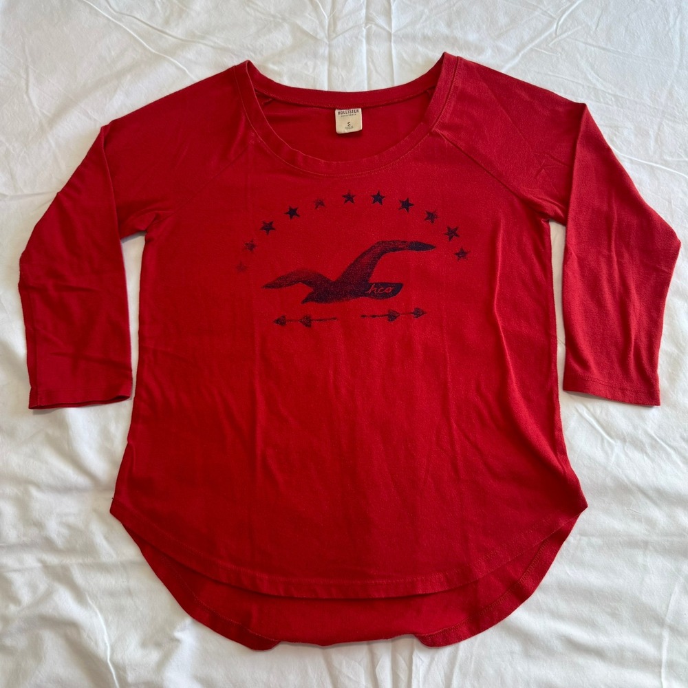 Hollister Womens Red 3/4 Sleeve Graphic T-Shirt Y2K Seagull Logo Size S - Picture 2 of 10